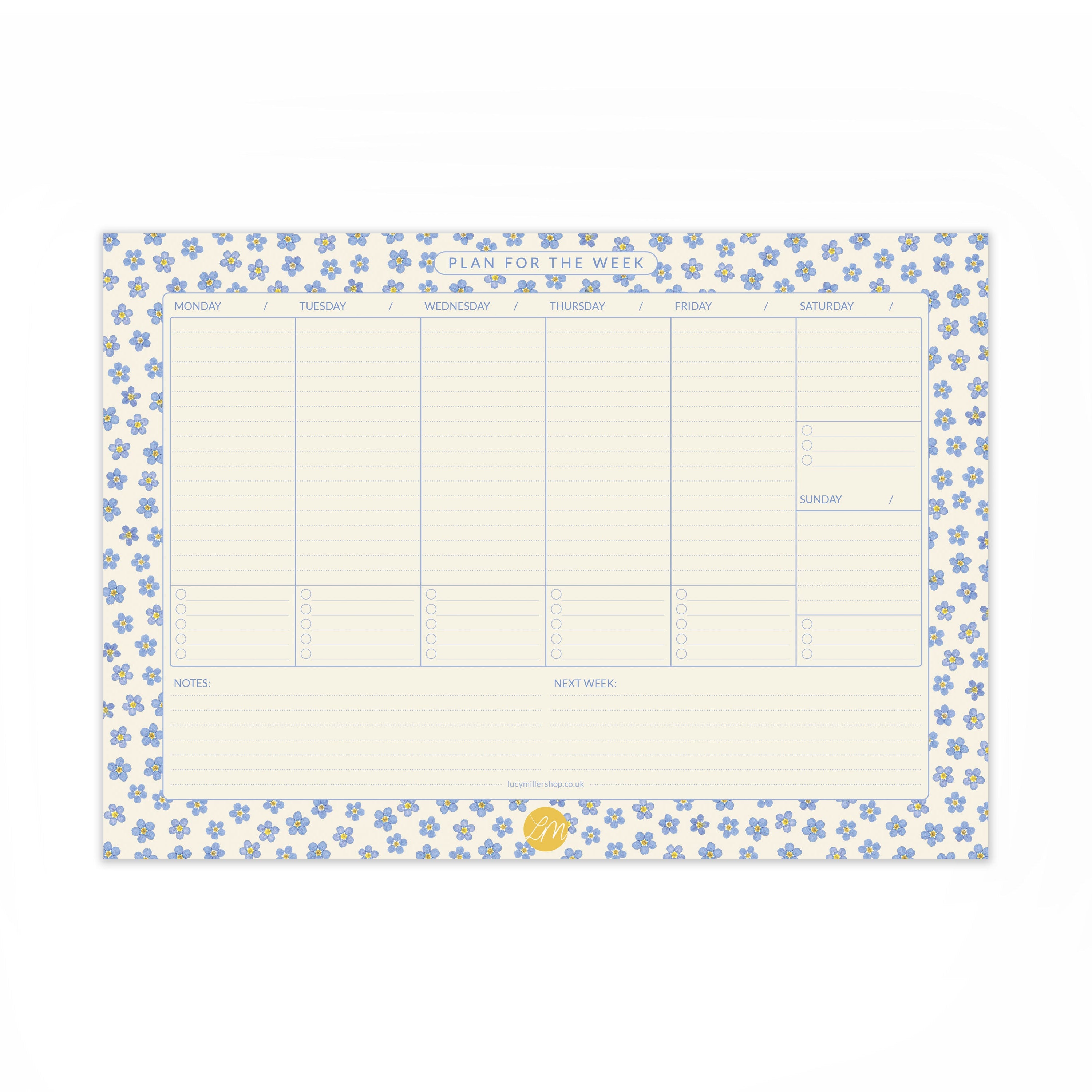 Floral weekly planner pad with pressed forget-me-not flowers border on a white background