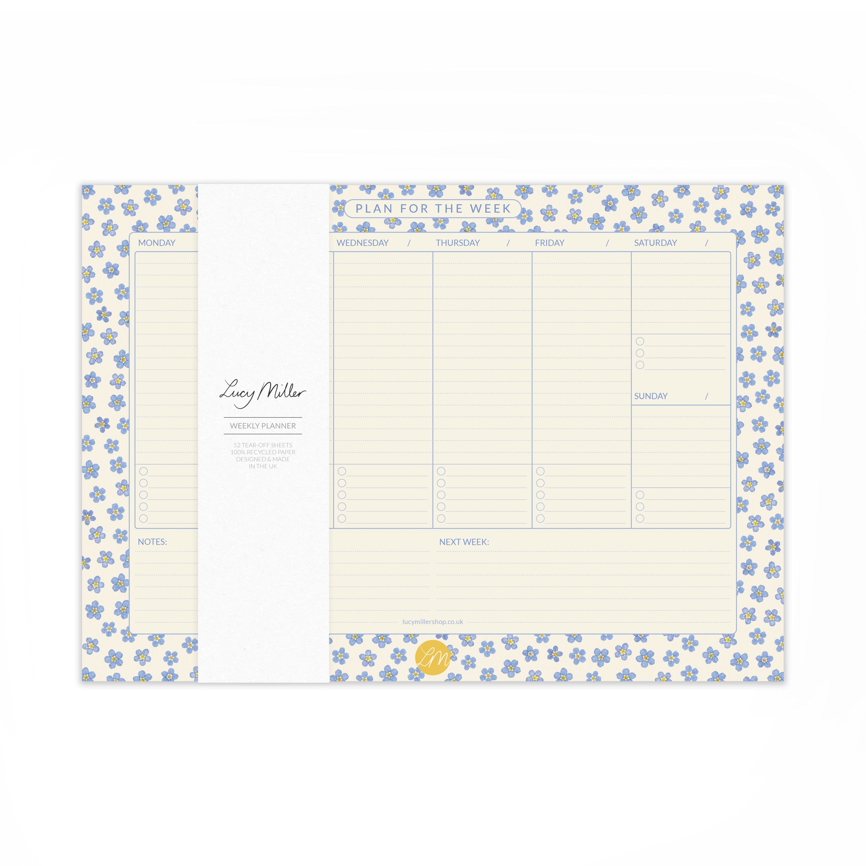 Weekly planner with pressed forget-me-not flowers border on a white background.