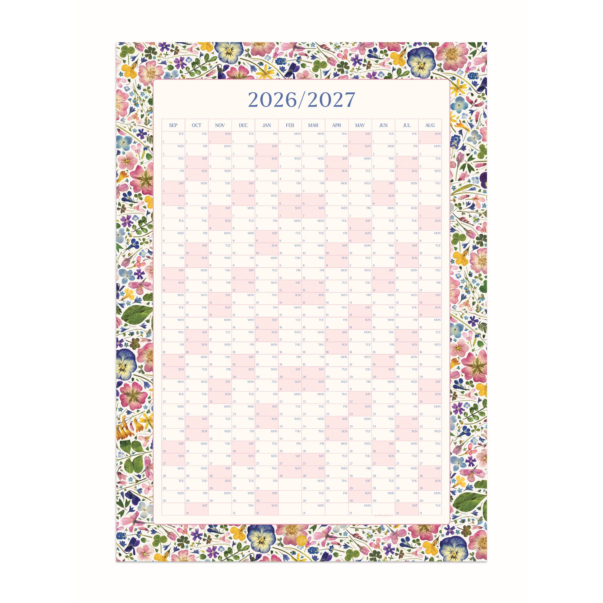 A 2026/2027 monthly calendar page with a colourful floral border, shown flat against a white background.