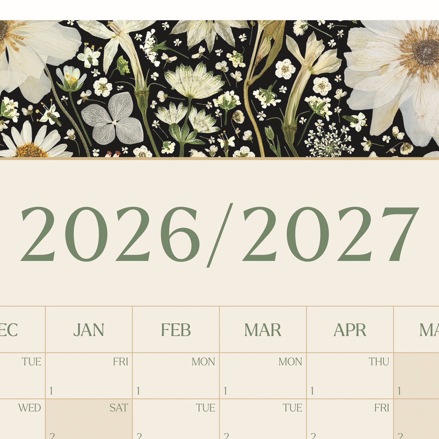 A decorative wall calendar page showing the academic year 2026/2027 in large muted green text on a warm cream background, with a floral border at the top featuring white flowers and green botanical details on a black ground.