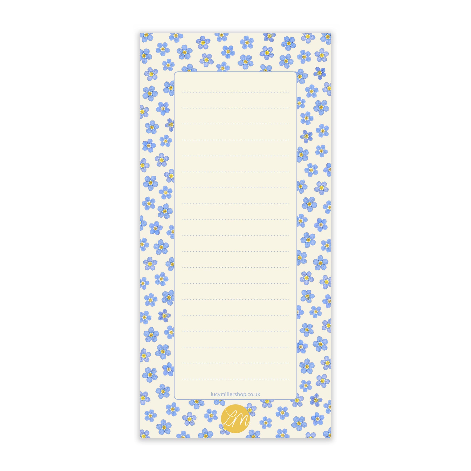 Floral-patterned notepad with forget-me-not design and an off-white centre, on a white background