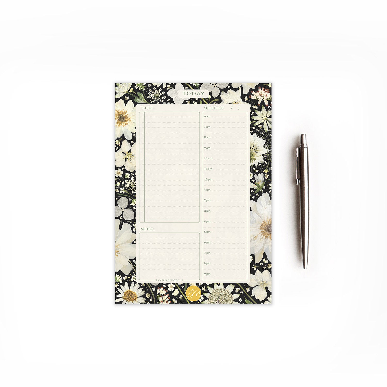 Pressed flower daily planner pad with white flowers on black background, 50 tear-off sheets - ideal for organising daily tasks, appointments, and goals.