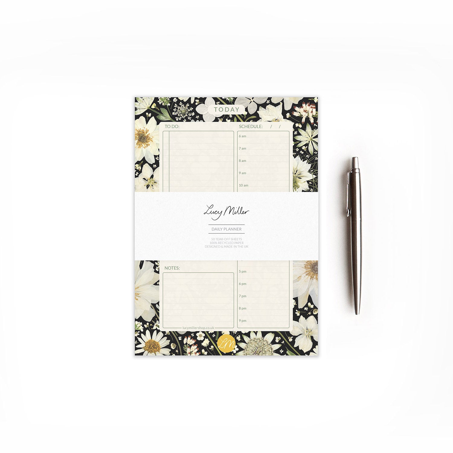 Floral daily planner pad, 50 sheets for tracking daily goals and meetings – great for nature lovers and floral stationery fans.