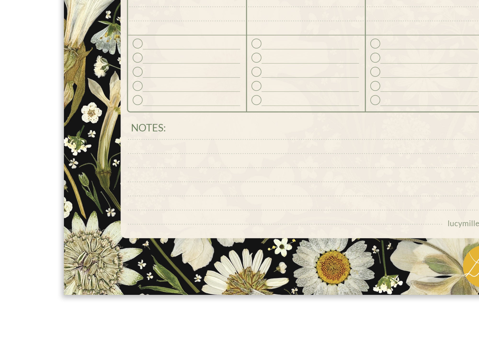 Close detail of Weekly planner desk pad with elegant pressed white flowers on black background, perfect for task organisation at work or home; suitable for office professionals, parents, and creative planners.