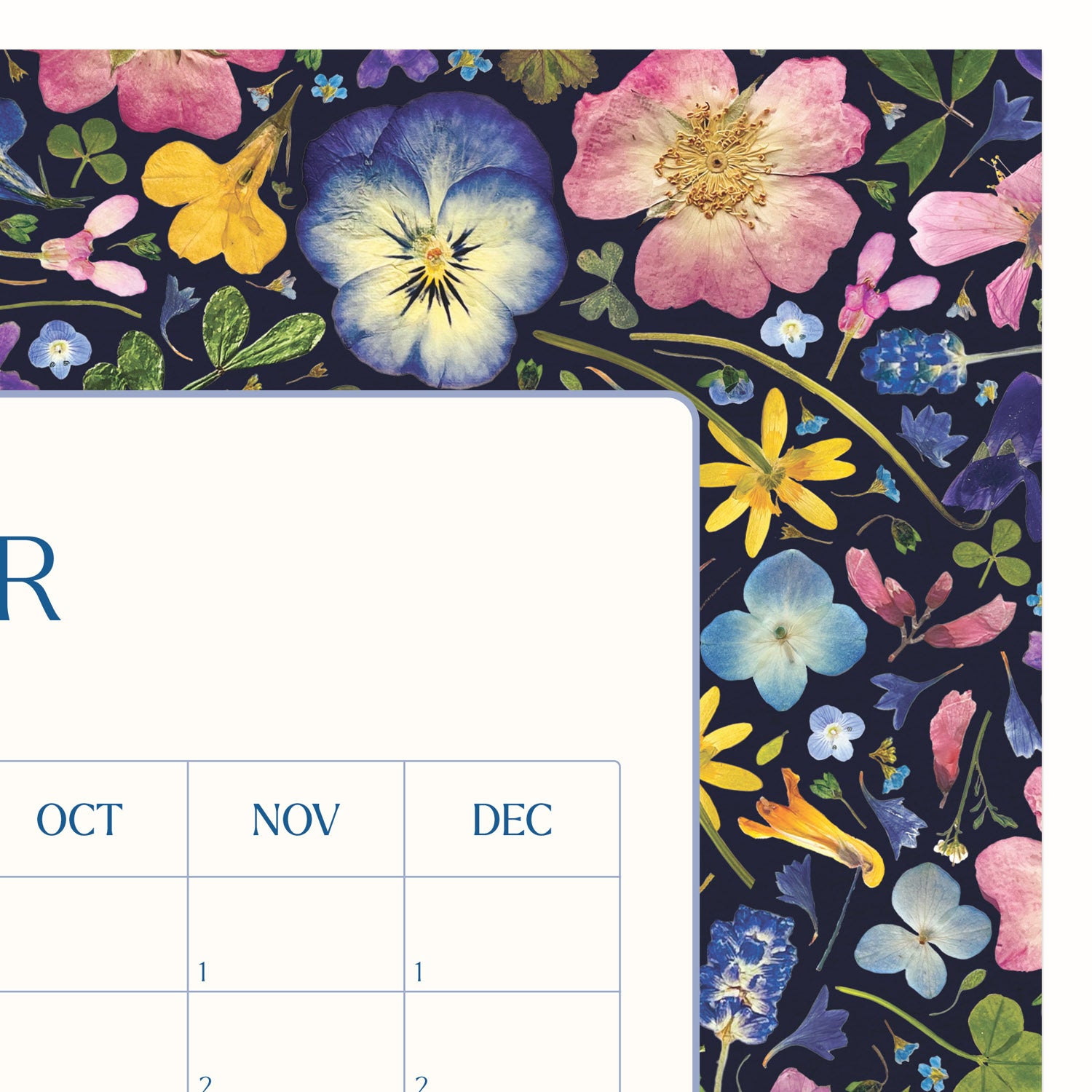 Close-up of pressed flower wall planner with a timeless botanical design, ideal for adding a touch of natural beauty and elegance to any room, year after year. Makes a thoughtful home planning or organisational gift or Christmas or birthdays, for her.