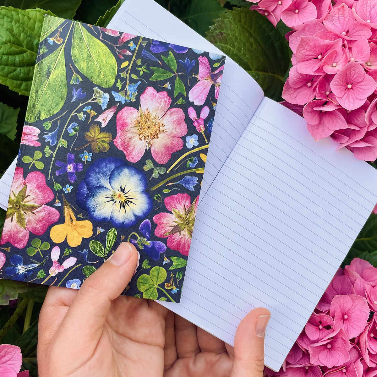 A hand holds a small notebook with a dark floral cover featuring pink, blue, yellow, and green flowers, next to an open lined notebook, surrounded by pink hydrangeas.