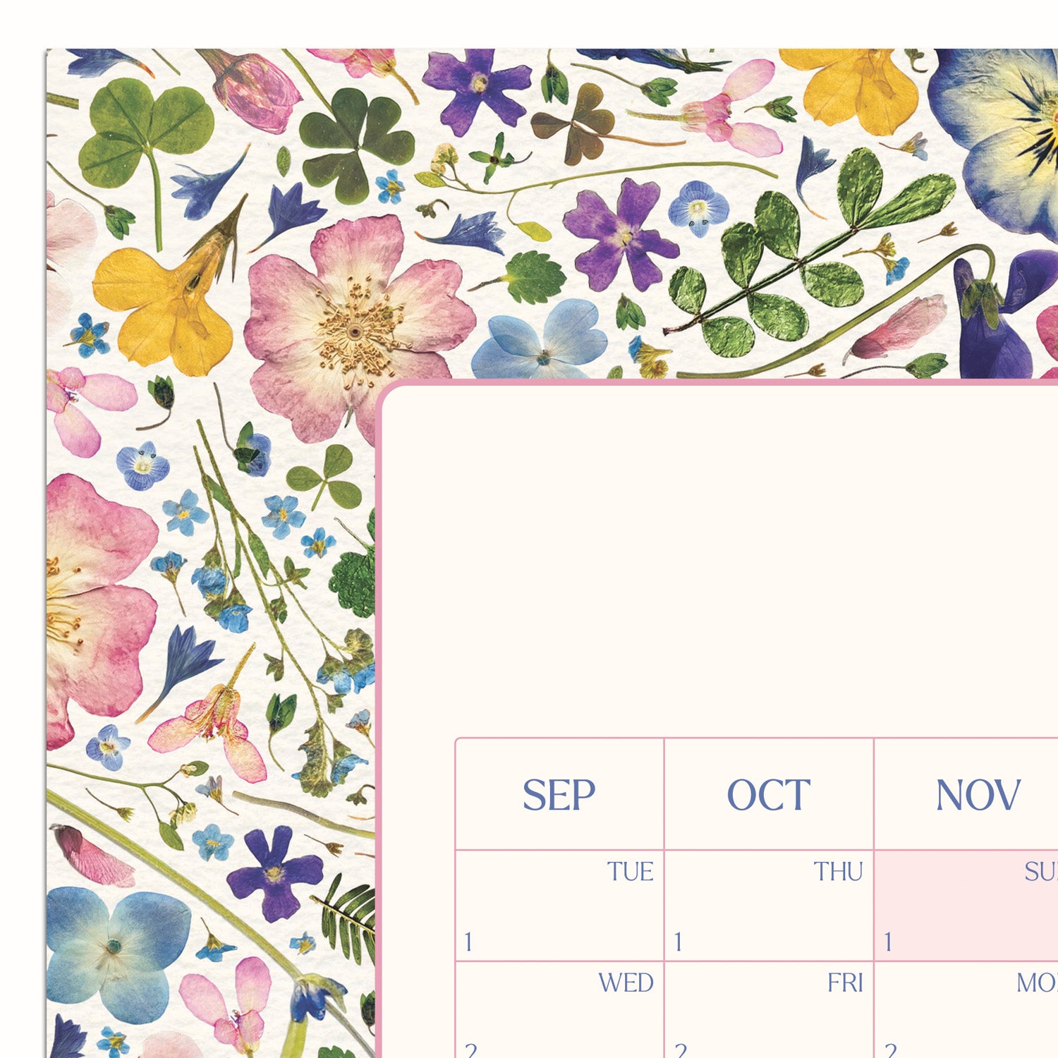 A close-up of a floral wall planner with an off-white background, pink border, and pressed floral artwork. The botanical print shows pink, blue, yellow, and purple flowers with a monthly calendar grid from September onwards.