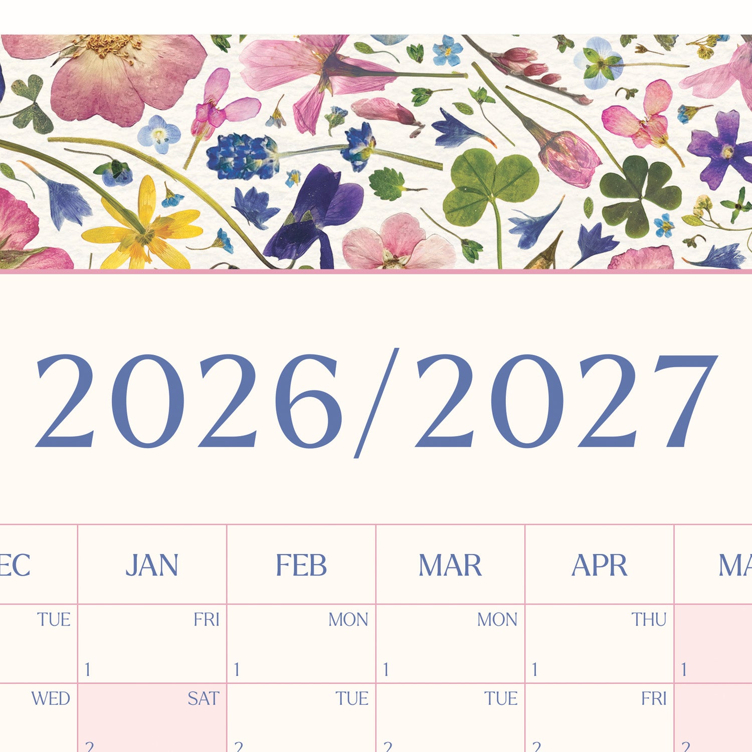 A floral wall calendar poster showing the Academic year of 2026-2027. There is a floral border made from a design created from pressed flowers. A grid displays the months and days, with weekends highlighted in pink.