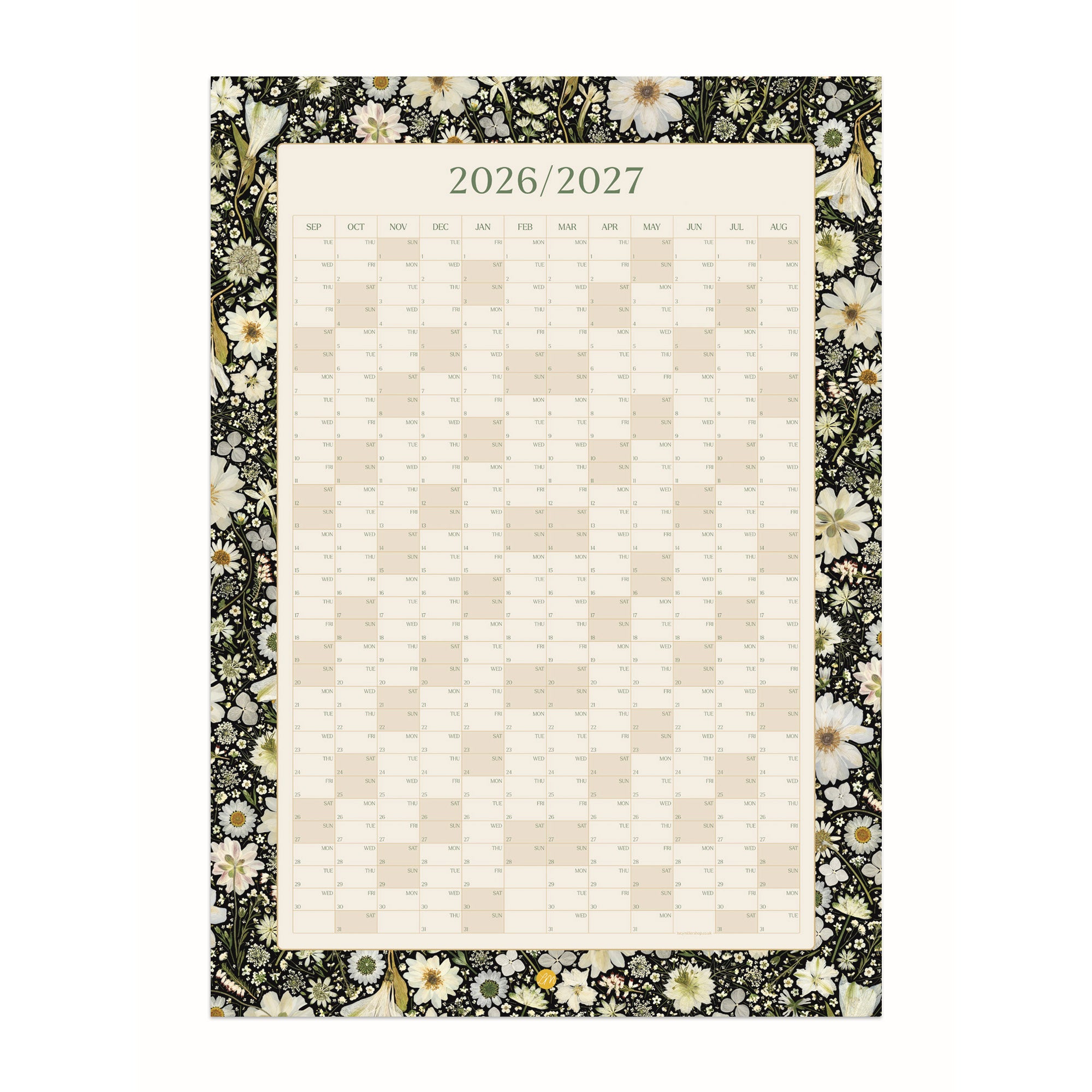 2026 2027 Pressed Flower Academic Wall Planner in White on Black by Lucy Miller. A vertical wall calendar with a cream grid layout and a decorative floral border featuring white flowers on a black border.
