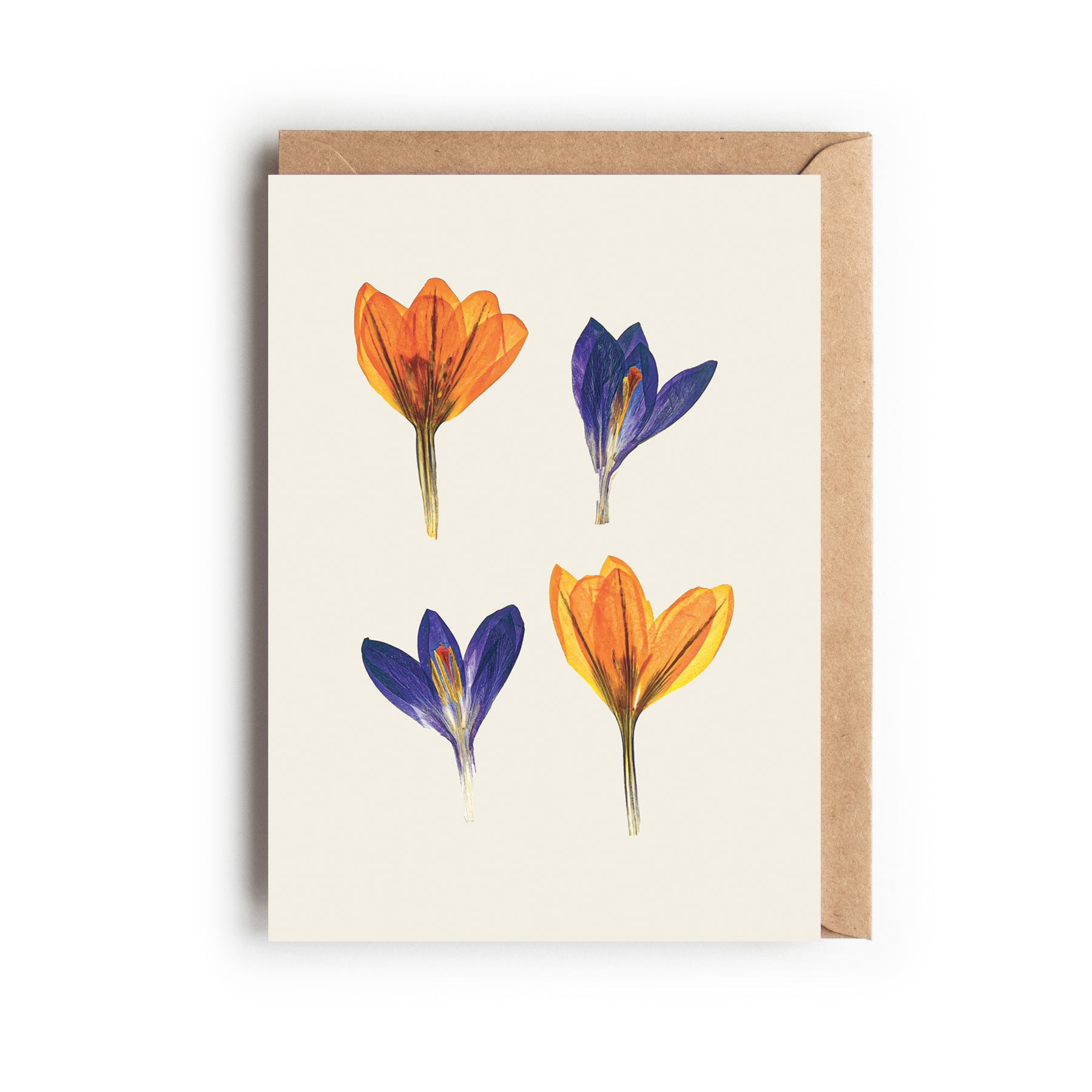 Greetings card with orange and purple crocus flowers on a white background.