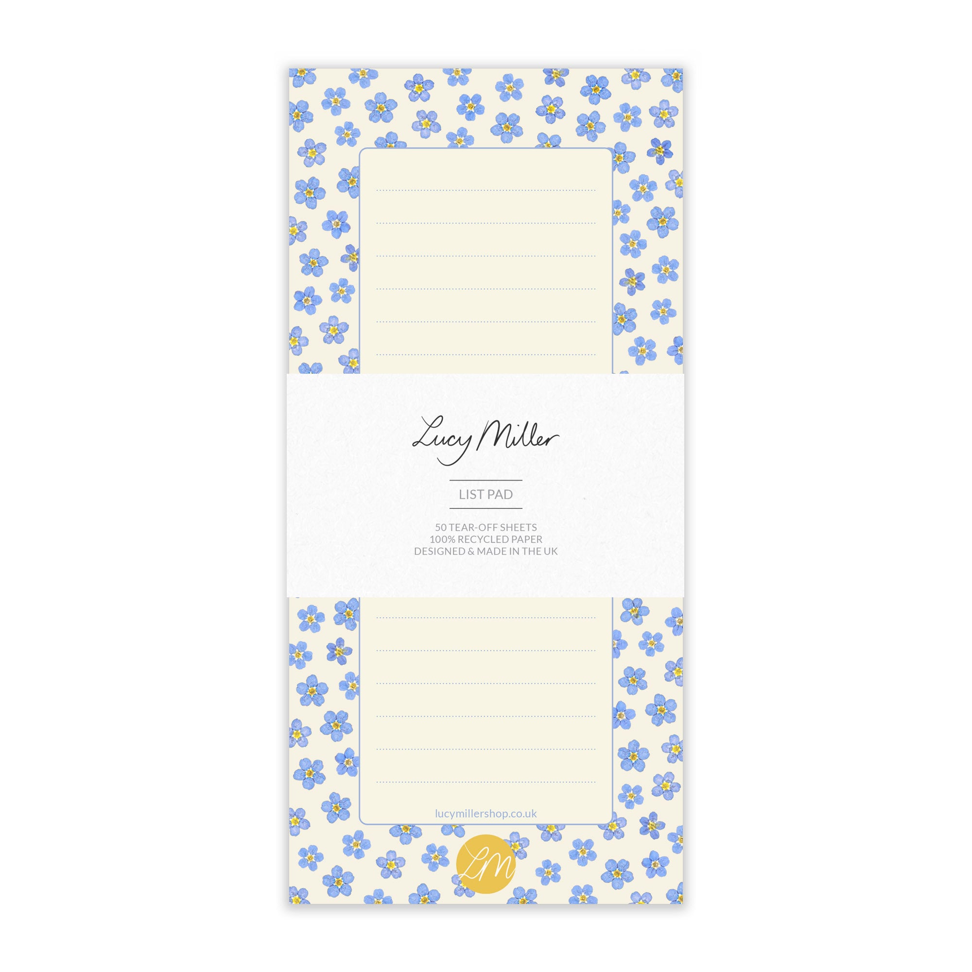 Notepad with forget-me-not floral design and 'Lucy Miller' branding on a white background