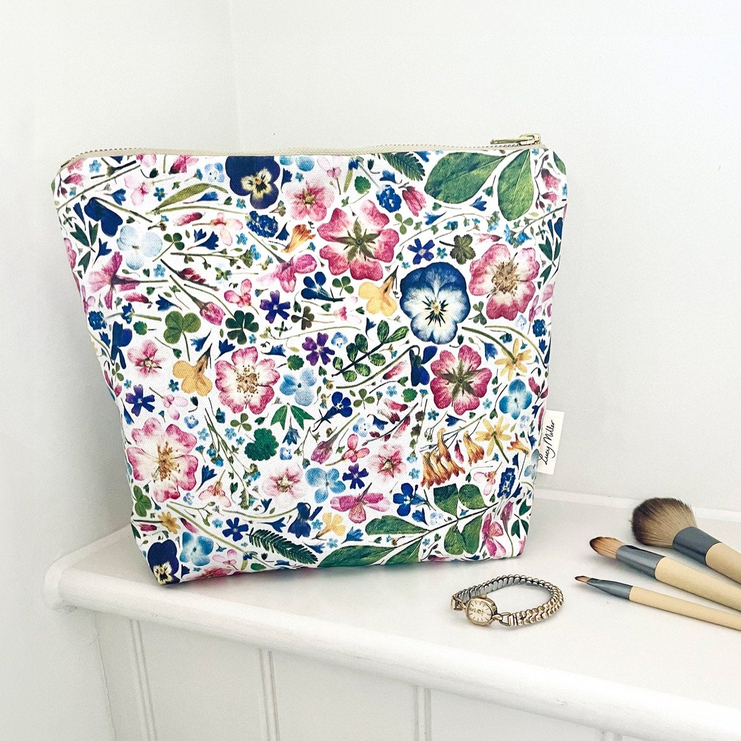 Floral Print Wash Bag for Travel Essentials, Organic Cotton, Pressed Flower Design, Ideal Mother's Day Gift or Gift for Her