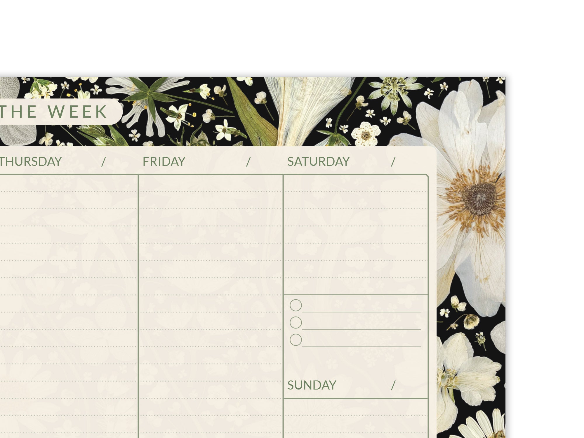 Close up of must have planning and organisational tool. 52 tear-off sheet floral weekly planner pad, with columns for weekdays and weekends; ideal for a full year of planning for students, teachers, and anyone managing multiple tasks. Pressed flowers include Anemone, Nigella, Daisy, Astrantia, Hydrangea, Cow Parsley, and Heather.