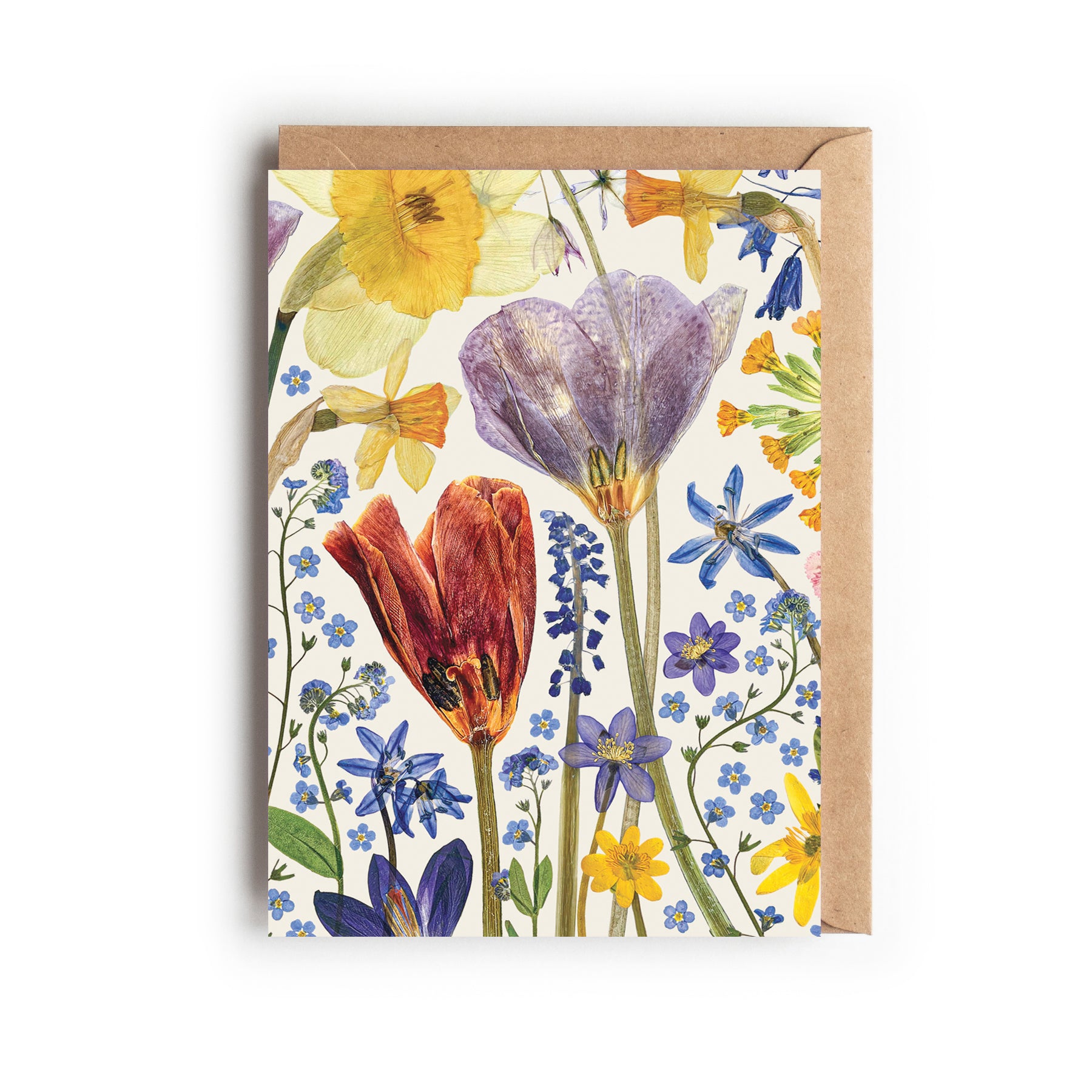Greetings card with a colourful floral design created from pressed spring flowers on an off- white background.