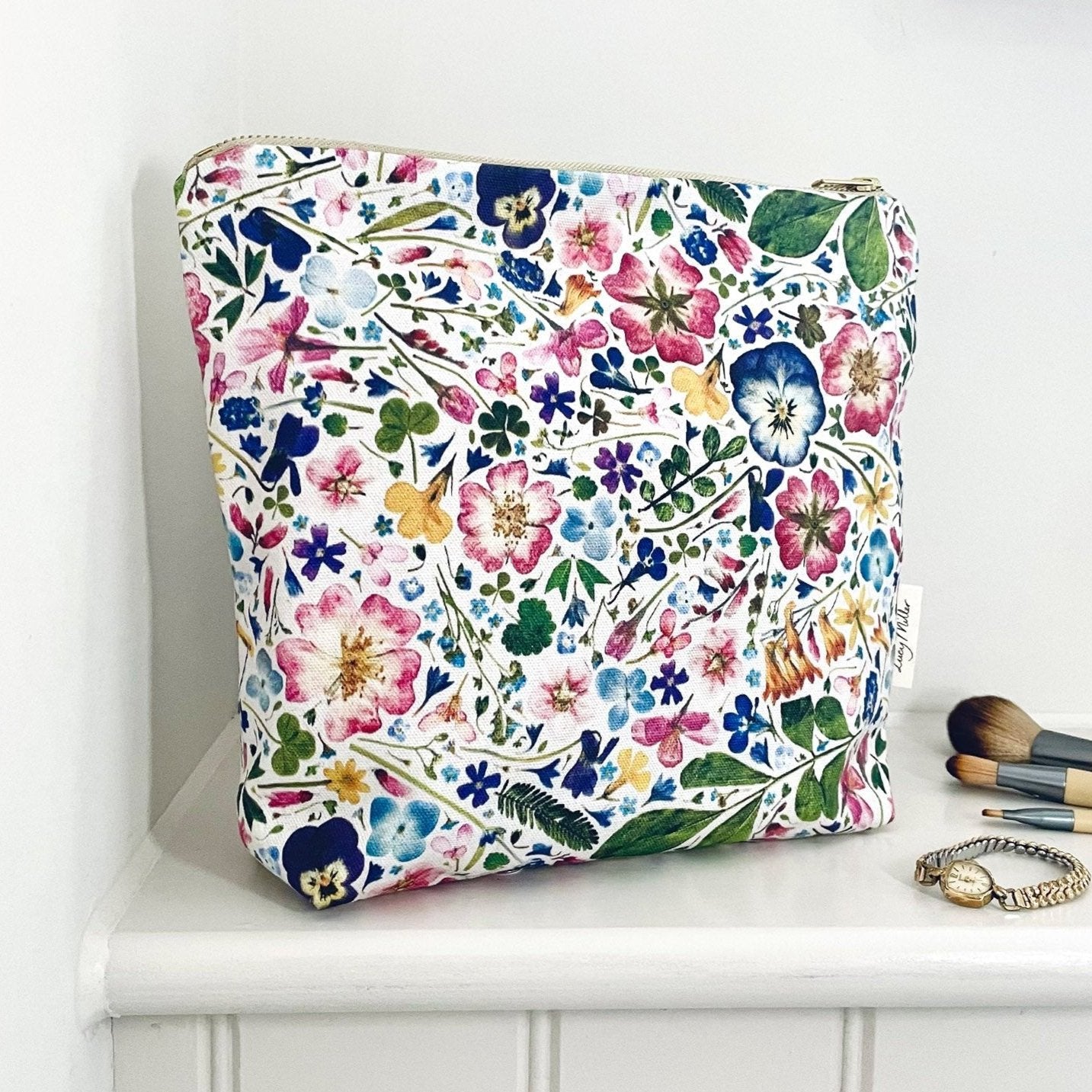 Organic Cotton, Large Floral Wash Bag with Gold Zip, Pressed Flower Print, Nature-Inspired Gift for Her